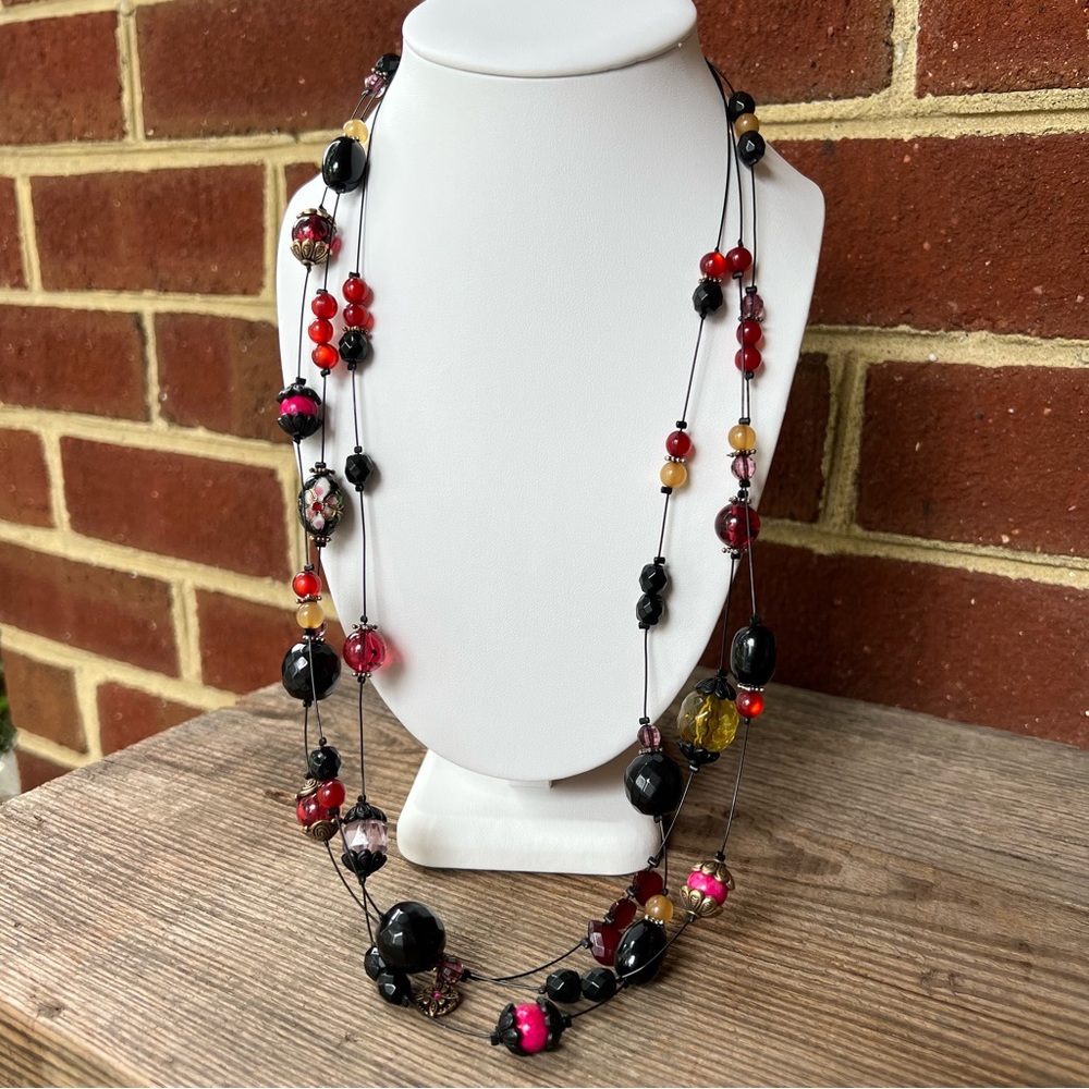 Chico’s Multilayer Colored Bead Black Wire Necklace